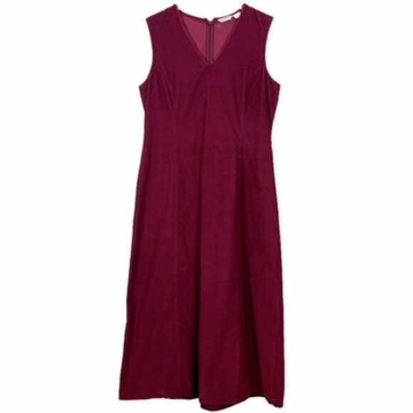 Vintage Eddie Bauer Dress Womens L Burgundy Corduroy Maxi Shift Sleeveless Retro - Picture 1 of 12
